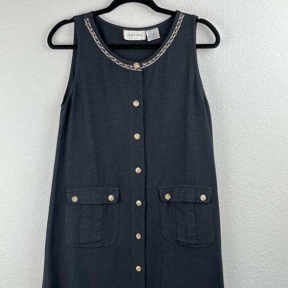 Vintage Lemon Grass Black Safari Linen Button Down Sleeveless Midi Dress Medium - Picture 5 of 15